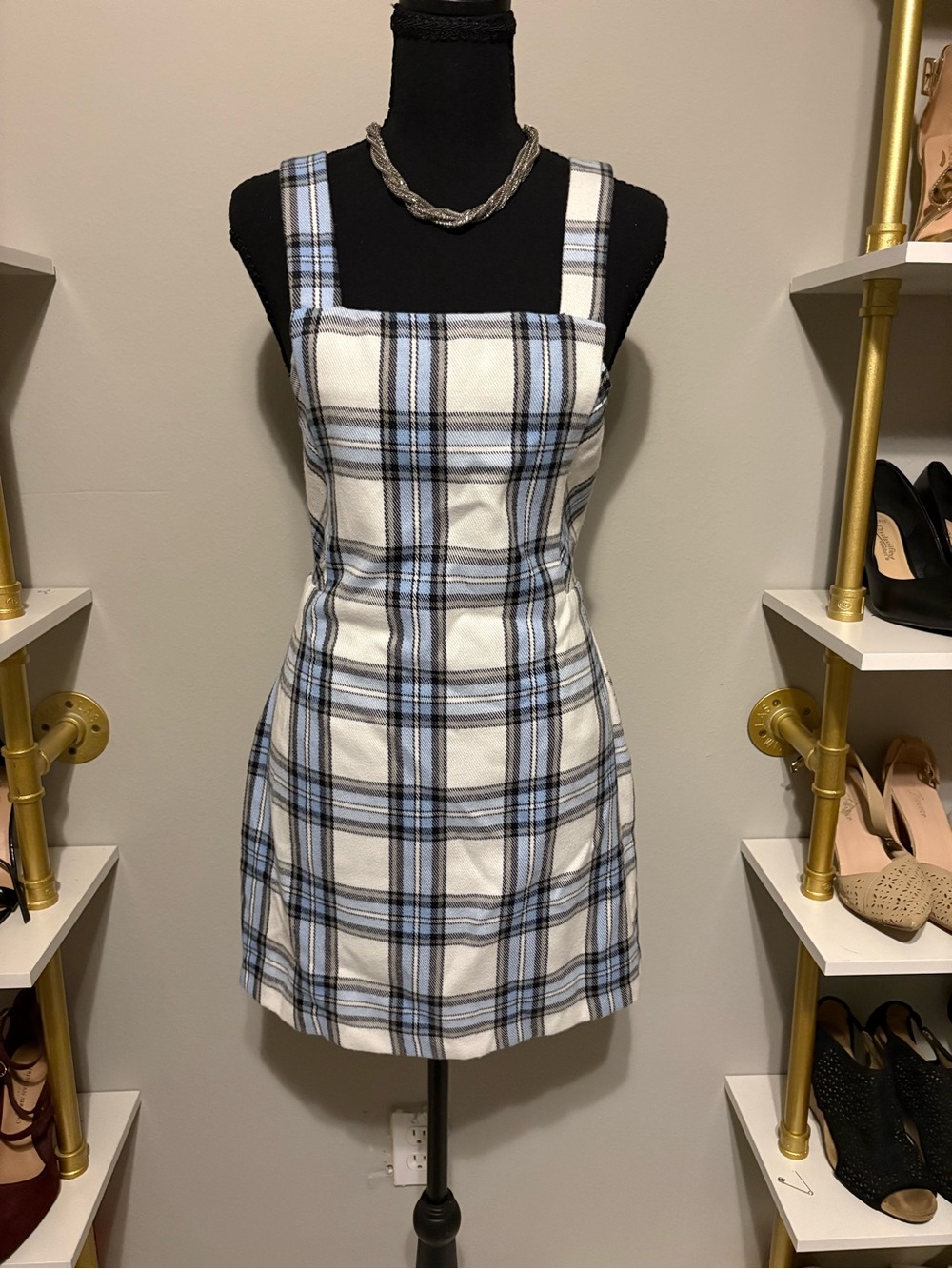 Francesca's Collections Blue and White Plaid Square-Neck Mini Dress